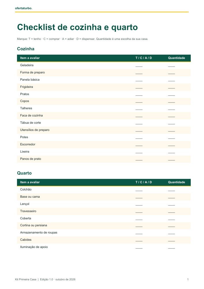 Página real do checklist de cozinha e quarto com campos de decisão e quantidade