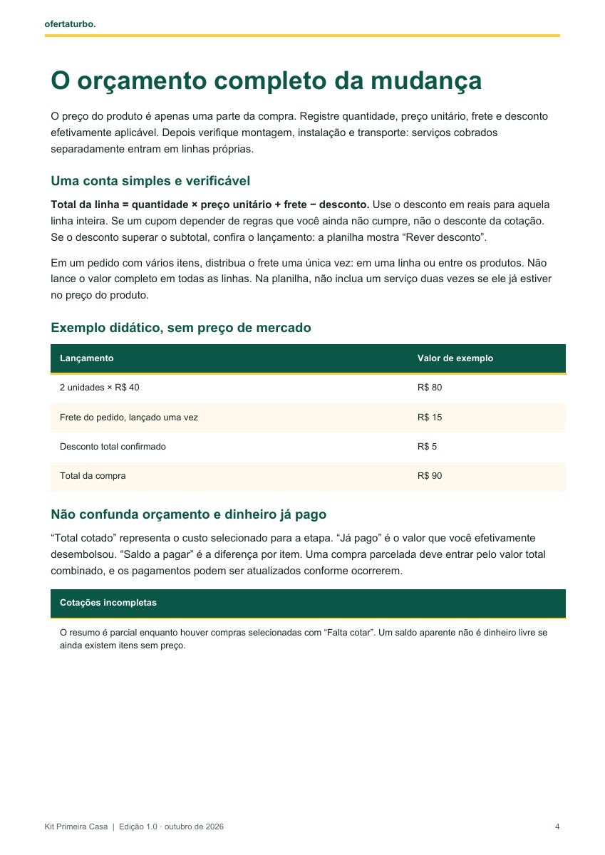 Página real do guia com cálculo de quantidade, preço, frete e desconto