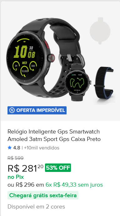 Smartwatch preto com GPS